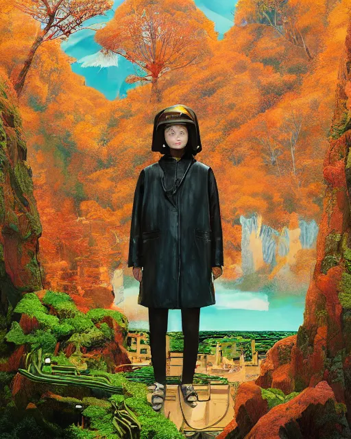 Prompt: portrait of alone androgynous girl wearing long orange vintage leather coat and wearing giant modular synthesizer 8 0 s sony stereo helmet and backpack. bakelite cliffs, moss green japanese forest background, ultrafine hyperdetailed illustration by hsiao - ron cheng and artgerm, the grand budapest hotel, glow, no crop, digital art, artstation, pop art