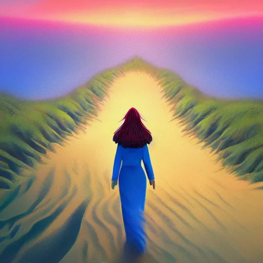 Image similar to closeup giant dahlia flower head, girl walking between dunes, surreal photography, sunrise, blue sky, dramatic light, impressionist painting, digital painting, artstation, simon stalenhag