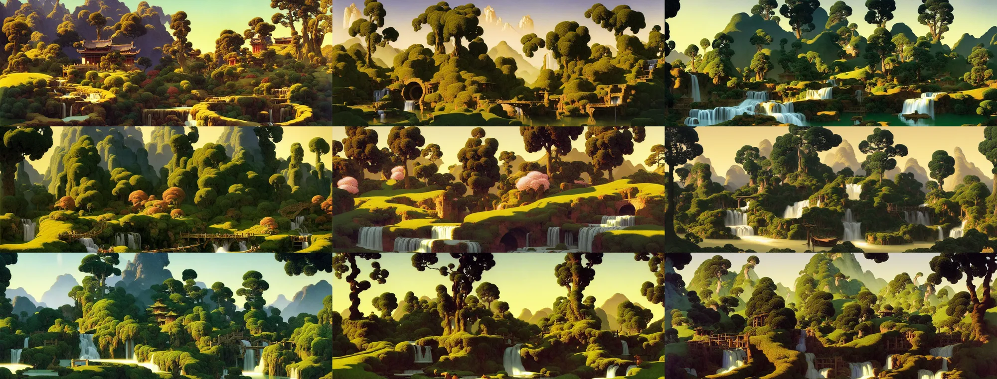 Prompt: a gorgeous landscape painting by barlowe wayne maxfield parrish and marco mazzoni. early spring morning. hyper detailed trees has just sprouted. tyndall effec!! light effect. chinese village. china waterwheel. the winding steps, waterfall from the mountain. ultra clear detailed. highly detailed, 3 d, octane render.