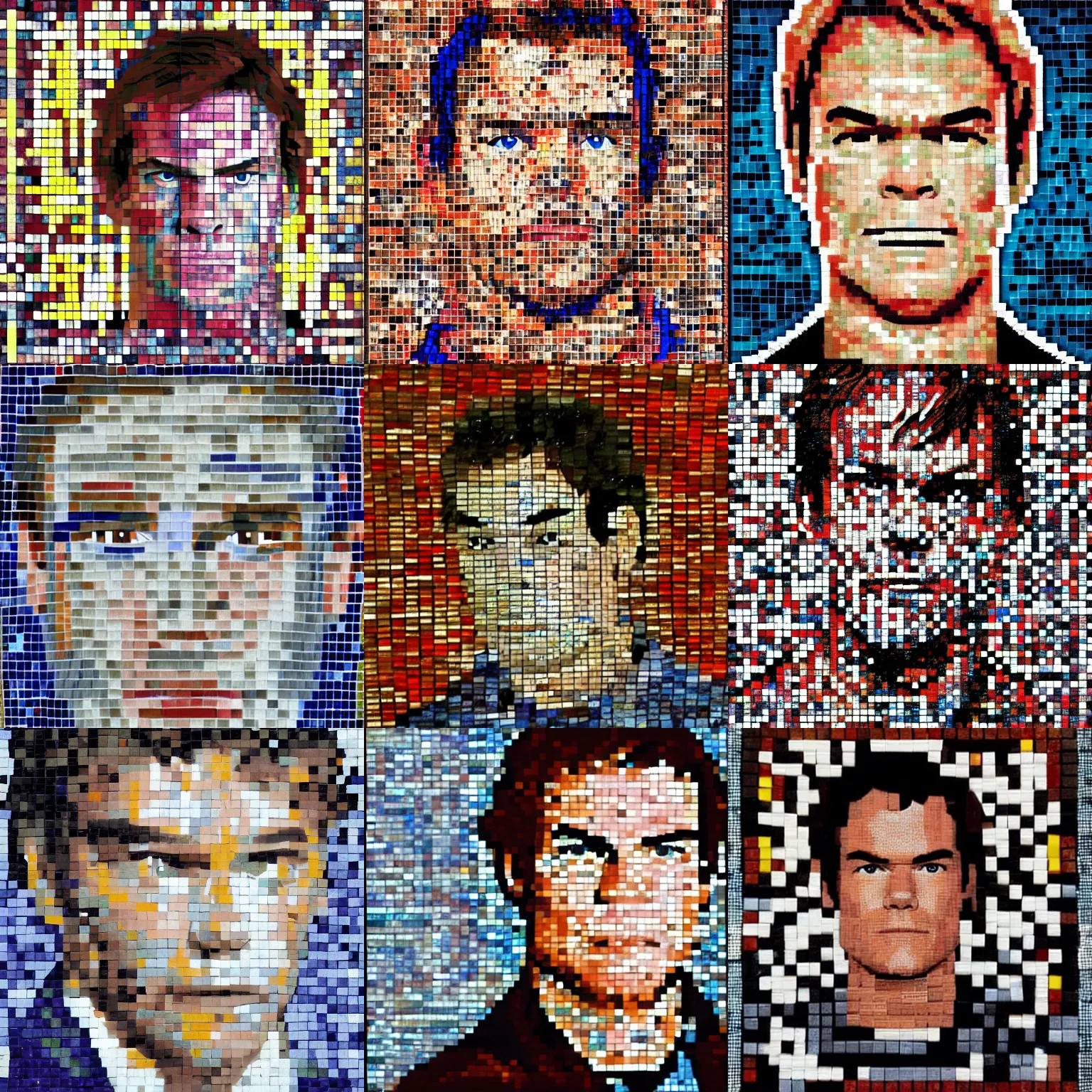 Prompt: dexter morgan portrait, mosaic, tile, colorful