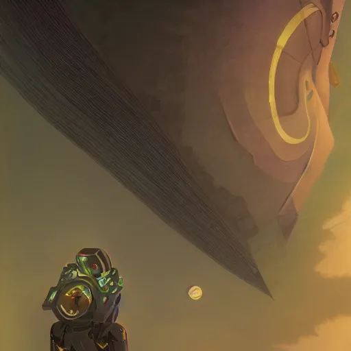 Prompt: eyeless watcher, dutiful return, golden age seraph bunkers, art by Aaron Douglas and Murakami, high detail, cinematic, cgsociety 8k