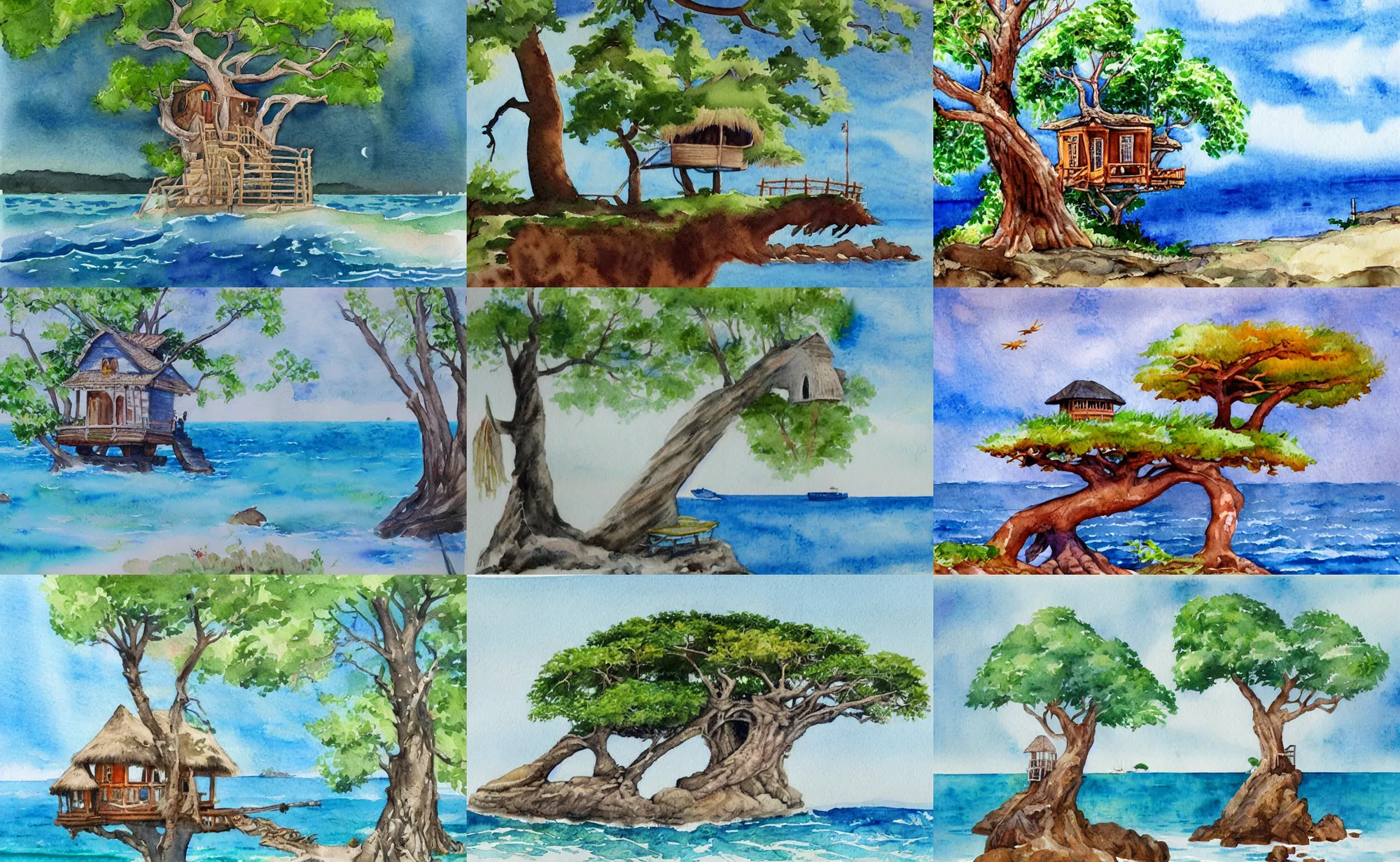 Prompt: watercolor painting of a mystical island treehouse on the ocean
