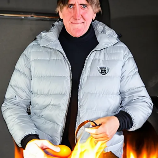 Image similar to photograph of peter beardsley in a puffa jacket cooking eggs