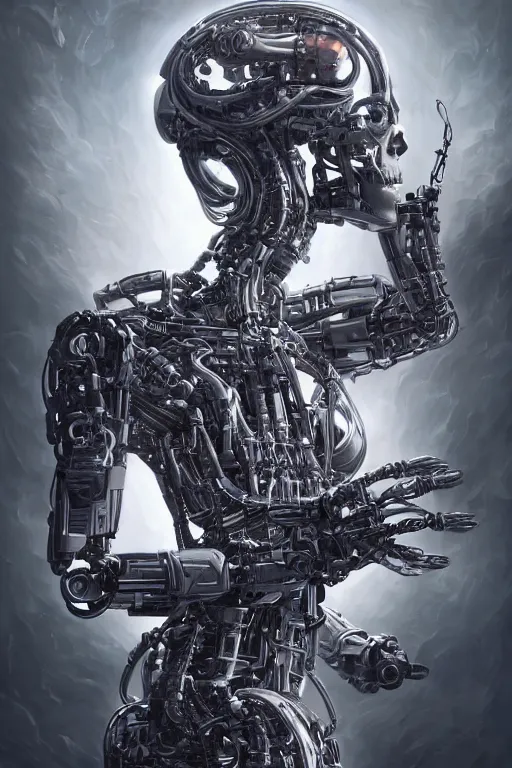 Image similar to Ultra realistic illustration of a robot sitting holding a human skull!!!!!!!, cyberpunk, sci-fi, fantasy, intricate, elegant, highly detailed, digital painting, artstation, concept art, smooth, 8k octane render, extremely hyperdetailed, intricate complexity, sharp focus, illustration, art by artgerm and greg rutkowski and blizzard studios