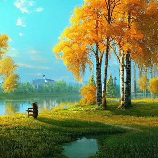 Image similar to a masterpiece detailed beautiful russian village, houses, trees, birch, lake, golden hour, sunset, by Makoto Shinkai and Ivan Shishkin