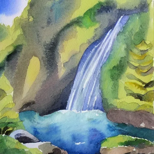 Prompt: a tranquil waterfall, watercolor