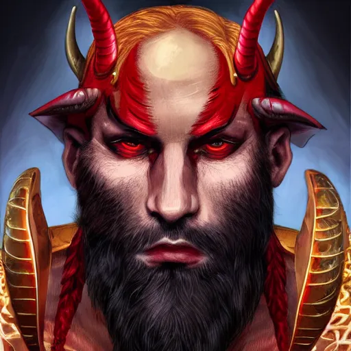 Prompt: dnd portrait of a tiefling, male, red scales and red skin, a big black beard, completely golden eyes, 2 ram horns growing out of his forehead,