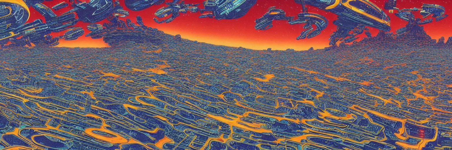 Image similar to a hyperrealistic rendering of a pop art scifi illustration panorama landscape pattern, deep color, futuristic, cyber by Peter Elson and Kawase Hasui, scifi superrealism