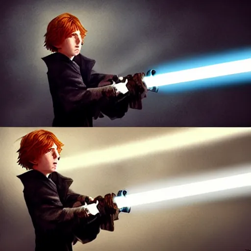 Image similar to epic digital matte paining of Ron Weasley firing a lightsaber out of a cannon, extremely detailed, artstation