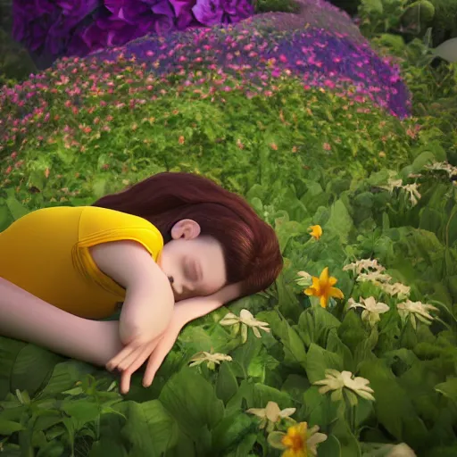 Image similar to girl sleeping on a big flower, 3 d render, incredible details, highly detailed, photorealistic, disney pixar, smooth, octane render, iridescent, 8 k