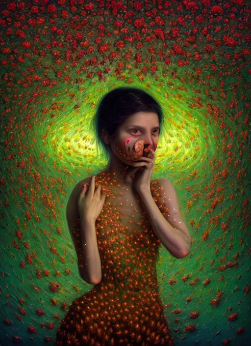 Image similar to hyper detailed 3d render like a Oil painting - Aurora (Singer) Eats of the Strangling Fruit of penance open eyes and Her Hands full of gossamer polyp blossoms bring iridescent fungal flowers whose spores black the foolish stars by Jacek Yerka, Mariusz Lewandowski, Houdini algorithmic generative render, Abstract brush strokes, Masterpiece, Edward Hopper and James Gilleard, Zdzislaw Beksinski, Mark Ryden, Wolfgang Lettl, hints of Yayoi Kasuma, octane render, 8k