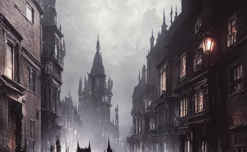 Prompt: Victorian city streets night, bloodborne, Raphael Lacoste