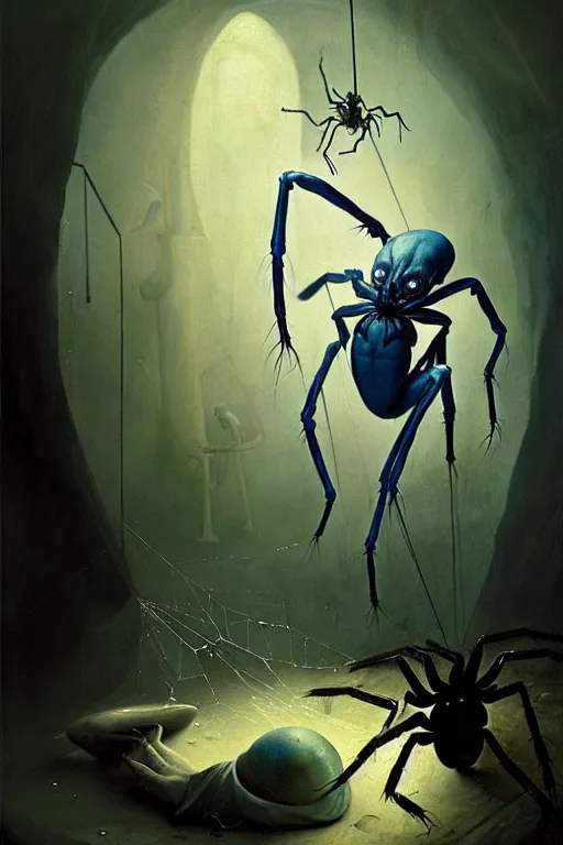 Image similar to hieronymus bosch, greg rutkowski, anna podedworna, painting of a blue skinned elf being turned into a spider demon