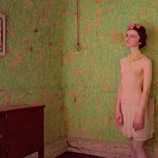 Prompt: a beautiful flowery girl in an soviet golden liminal abandoned room, film still by wes anderson, depicted by balthus, limited color palette, very intricate, art nouveau, highly detailed, lights by hopper, soft pastel colors