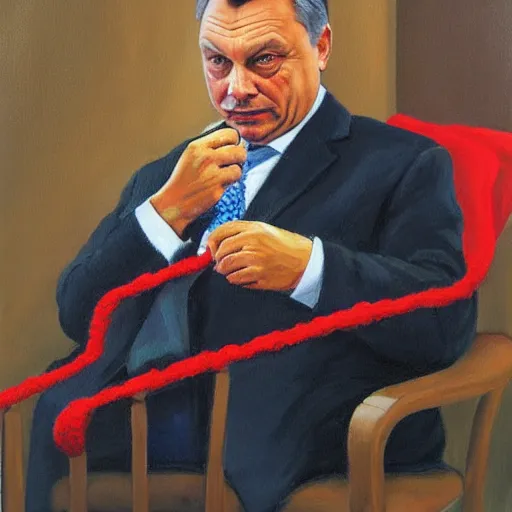 Prompt: viktor orban knitting, oil painting