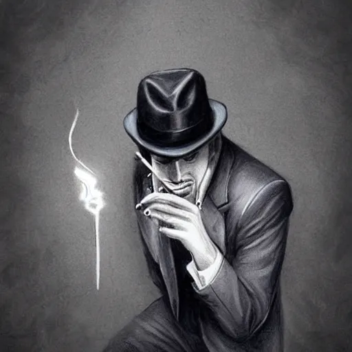 Image similar to noir detective wearing fedora and smoking a cigarette, raining, Artwork by Artgerm