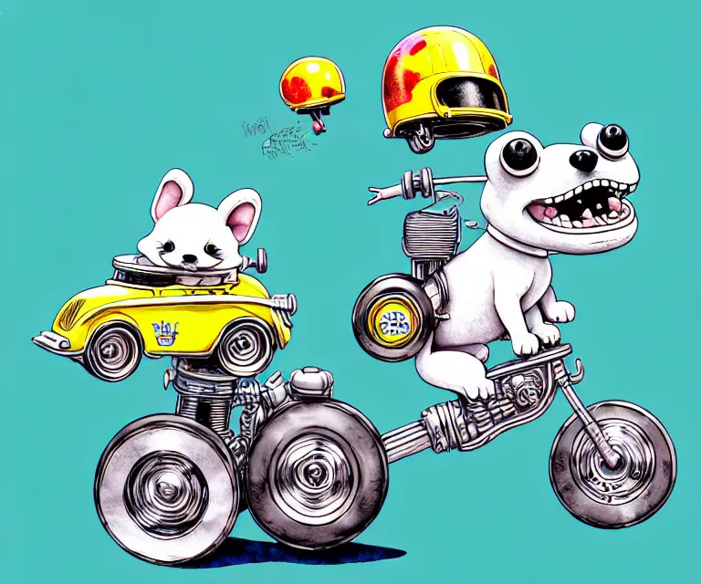 Image similar to cute and funny, puppy wearing a helmet riding in a tiny hot rod with an oversized engine, ratfink style by ed roth, centered award winning watercolor pen illustration, isometric illustration by chihiro iwasaki, edited by range murata, tiny details by artgerm and watercolor girl, symmetrically isometrically centered, sharply focused