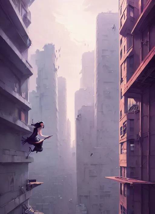 Prompt: highly detailed matte painting, of a 3 d calligraphy graffiti tag light eroding grey walls highrise buildings, by atey ghailan, by greg rutkowski, by greg tocchini, by james gilleard, by joe fenton, by kaethe butcher, pink, brown, light blue and white mystical color scheme, grunge aesthetic, octane render