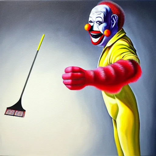 Image similar to hyperrealism painting from the housefly perspective getting swatted at from an angry and sick clown man with a fly swatter in the kitchen