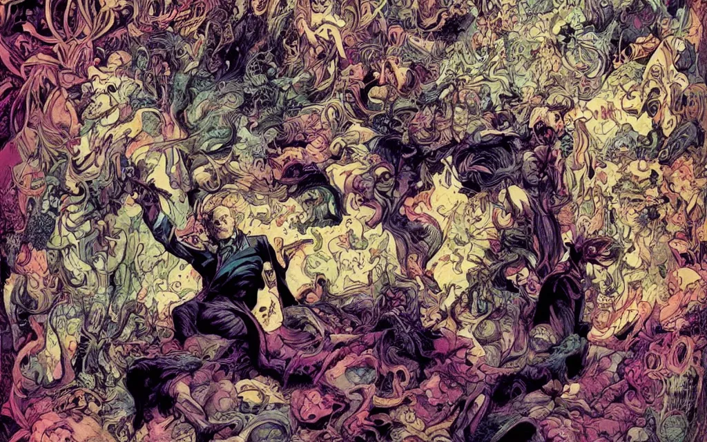 Image similar to the sandman surrounded by the stuff of dreams - images, colors, shapes, and emotions by dan mumford and heinrich kley