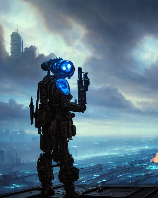 Prompt: ultra realist and ultra intricate detailed soft painting of a sci-fi armored male, overlooking a burning city, symmetry features, glowing blue eyes, sensual gloomy style, volumetric clouds, military, assault rifle, artstation, unreal render, intricate details, realistic, panoramic view, Hyperdetailed,