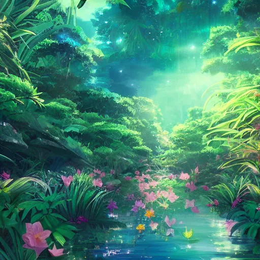 Prompt: Intricate nebula river running through a dense jungle of tropical flowers and fire flies in the style of makoto shinkai