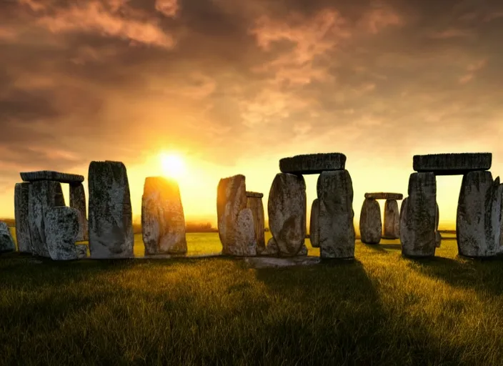 Image similar to sunrise at stonehenge, beautiful dynamic lighting, cinematic, wide angle establishing shot, extremely high detail, photo realistic, cinematic lighting, post processed, concept art, volumetric lighting, official fanart behance, hd, artstation, unreal engine 8k