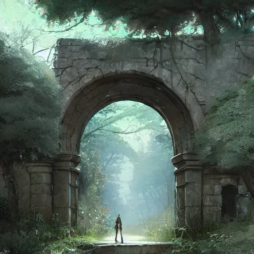 Image similar to concept art painting of an ornate ancient stone archway, in the woods, realistic, detailed, cel shaded, in the style of makoto shinkai and greg rutkowski and james gurney