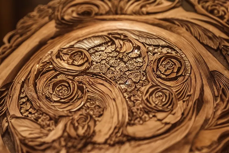 Prompt: an intricate seashell is carved into a wooden table with a single rose petal, close up view, dramatic lighting, DOF, intricate artwork by alphonse mucha and Ruan Jia