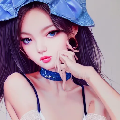Prompt: realistic detailed semirealism beautiful gorgeous cute Blackpink Lalisa Manoban wearing long silk soft silky white lingerie outfit, blue eyes blue iris, black hair black cat ears, black leather choker, proportional body, WLOP, Aztodio, Taejune Kim, sakimichan, ArtGerm, Pixiv, Instagram, Artstation