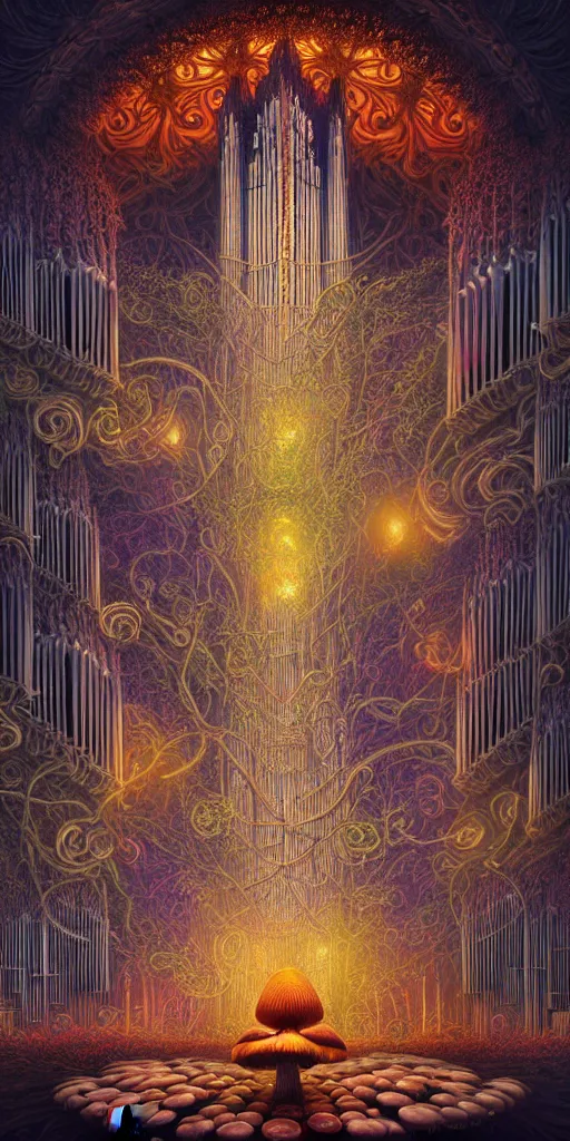 Prompt: Energetic gothic organ made of mushrooms portrait, Art Deco nature, fantasy, intricate art deco mushroom designs, elegant multidimensional cathedral of plants, glowing prismatic fractal chandeliers, highly detailed fractals, sharp focus, art by Artgerm and beeple and Greg Rutkowski and WLOP