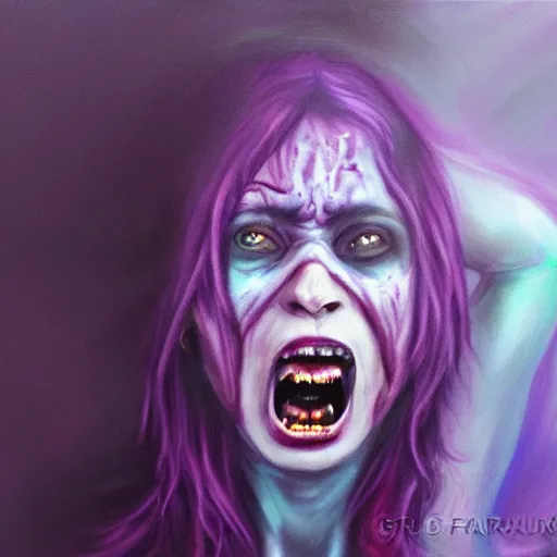 Prompt: extrem mad girl with extrem anger screams into the void to release her anger, high detail painting in dark purple colors by grandfailure