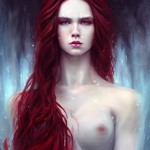Image similar to a portrait of a ice queen with long dark curly hair and red eyes, stoic, pale skin, alone dramatic, epic painting, painted by artgerm and wlop, cgsociety, beautiful, artbreeder, artstation, octane render, sharpness, 8 k, golden ratio