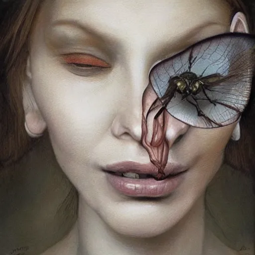 Prompt: a hyperrealistic painting of a beautiful woman morphing into a fly, by santiago caruso, highly detailed,