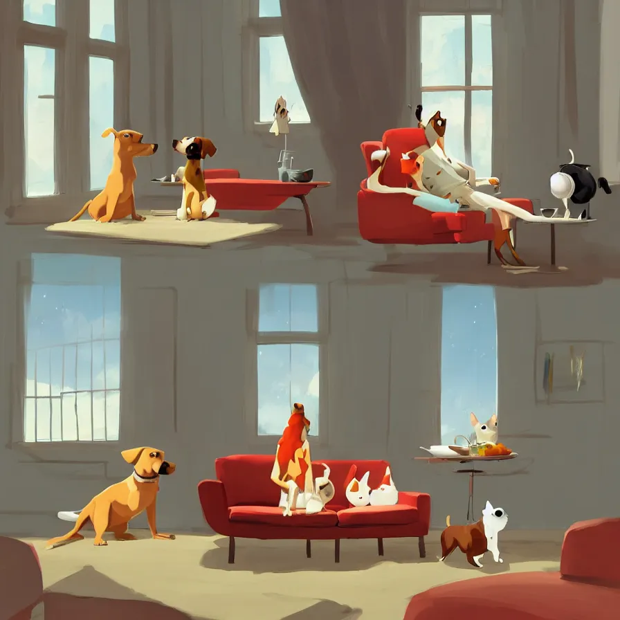 Prompt: Goro Fujita illustrating A dog on a sofa staring at the food dish under the window in the living room