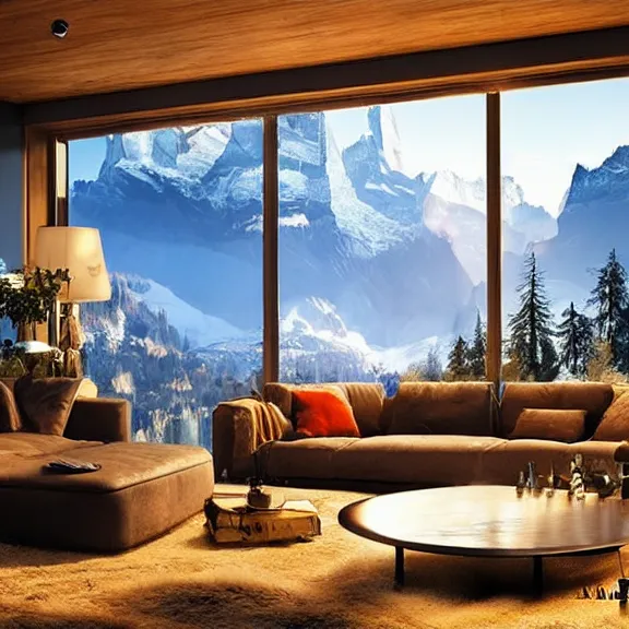 Prompt: fantastical living room with switzerland landscape in the window by marc adamus, beautiful dramatic lighting