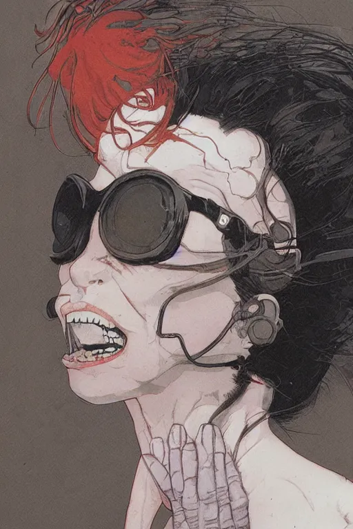 Prompt: zoom out portrait of crazy lady scientist, illustration by katsuhiro otomo, brom, jeffrey catherine jones, concept art