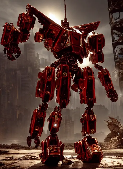 Image similar to a shiny ornate boxing humanoid mecha in ruin city, epic pose, bright, by war robots, real steel ( 2 0 1 1 ), westworld and eve venture and pacific rim and machine warrior 5, cryengine, frostbite 3 engine, scarlet and yellow scheme, sharp focus, 8 k, high definition, insanely detailed, soft lighting, smooth face