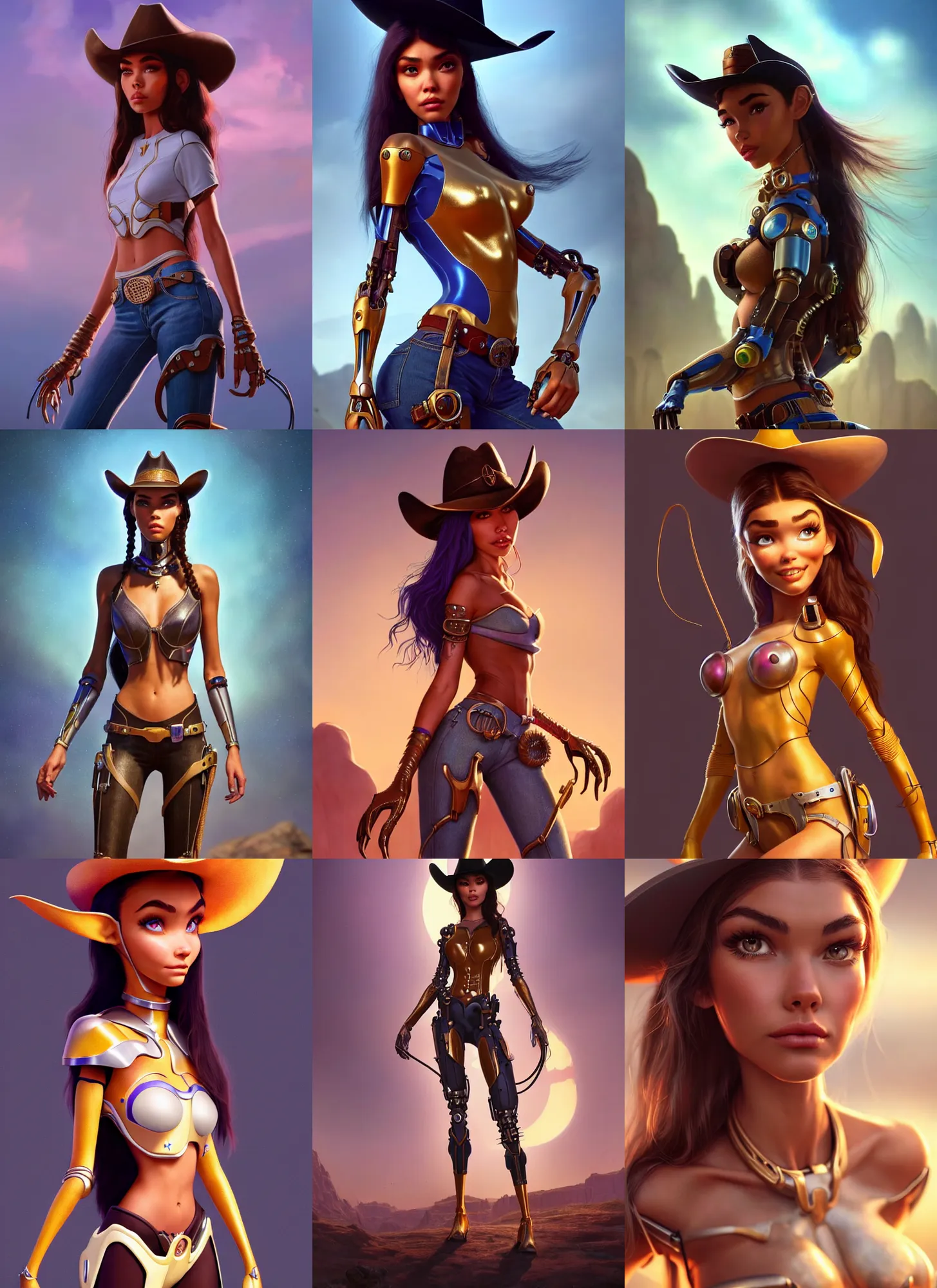 Prompt: madison beer : : as polished cowgirl weta cyborg : : disney pixar movie still photo : : hi - fructose, sci fi decadent highly - detailed digital painting, golden ratio, octane render, artstation, smooth, sharp focus, artgerm, mucha, loish, wlop : :