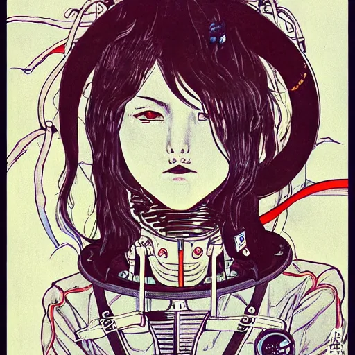 Image similar to portrait of female demon naraka astronaut painted in miyazaki color style drawn by katsuhiro otomo and takato yamamoto, high detail, intricate linework, sharp, monster face, perspective, manga and anime