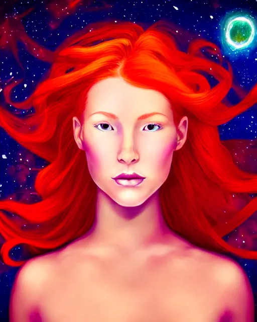 Image similar to space astral portrait of a beautiful girl, red hair, ginger hair, fantasy, glowing skin, smooth face, perfect eyes, half body shot, tarot card