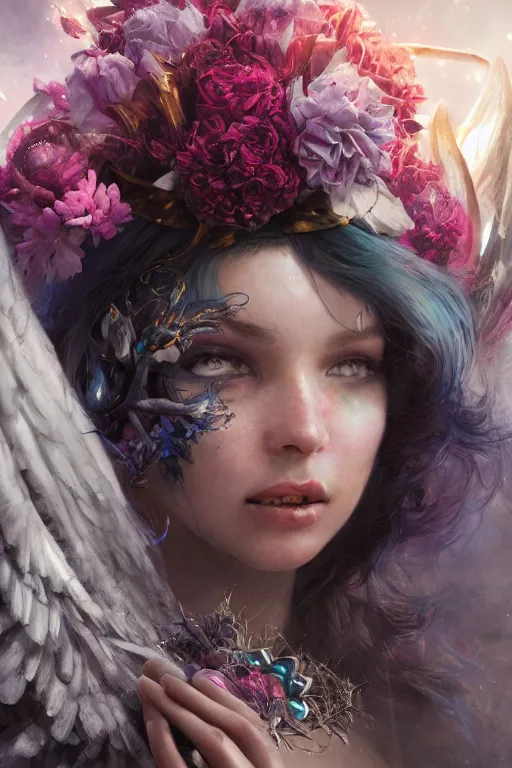Image similar to face closeup of beautiful girl necromancer, witch - doctor covered with velvet exploding into crystals, angels, 3 d render, hyper realistic detailed portrait, holding magic flowers, ruan jia, wlop. scifi, fantasy, hyper detailed, octane render, concept art, peter mohrbacher