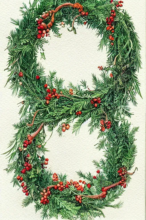 Prompt: realistic watercolor painting of a wreath of holly on a white background, detailed art by kay nielsen and walter crane, illustration style, watercolor