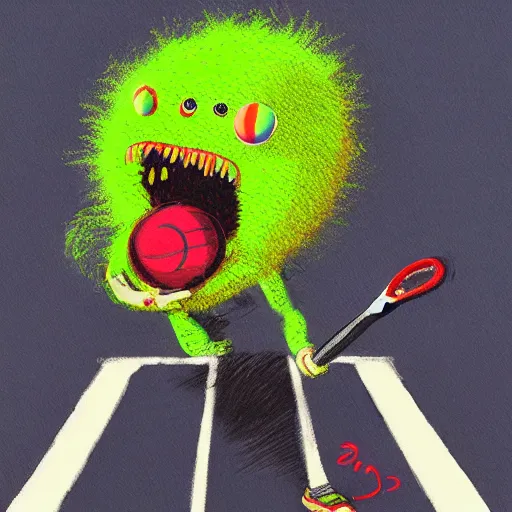 Prompt: elon musk tennis ball monster ,tennis ball, digital art, smoke, fantasy,chalk, magic, trending on artstation, ultra detailed, professional illustration by Basil Gogos