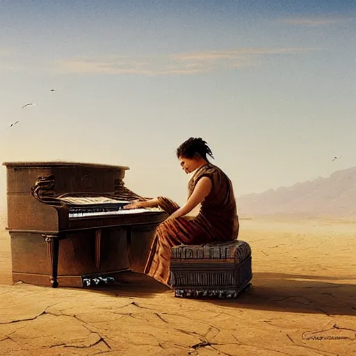 Prompt: UHD photorealistic The Mummy playing piano in the desert by Greg Rutkowski