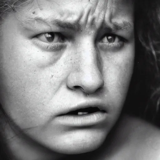 Image similar to a candid extreme closeup portrait of an expressive face of a scared young woman by annie leibovitz