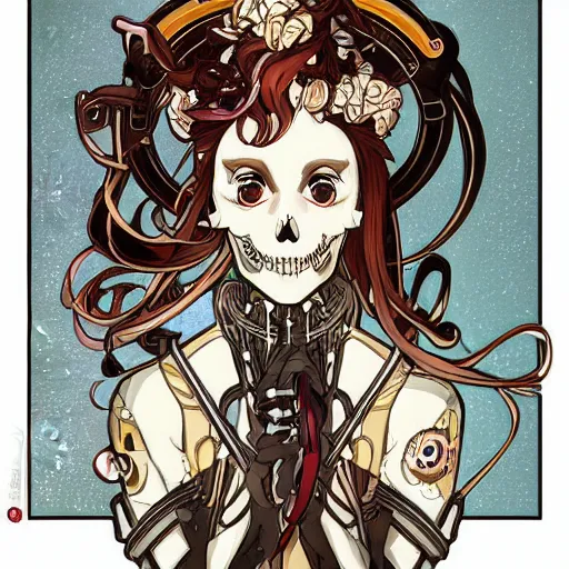 Image similar to anime manga skull portrait girl female robot cyborg mecha skeleton illustration detailed style by Alphonse Mucha pop art nouveau