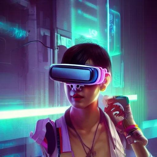 Prompt: a full body illustration of an asian female cyberpunk character wearing VR goggle implants, highly detailed, soft lighting, neon pastel colors, by WLOP, Guweiz, and Greg Staples, HD, 4K