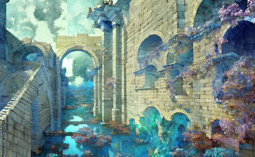 Image similar to tiled room squared waterway, aqueducts, fantasy. intricate, amazing composition, colorful watercolor, by ruan jia, by maxfield parrish, by marc simonetti, by hikari shimoda, by robert hubert, by zhang kechun, illustration, gloomy