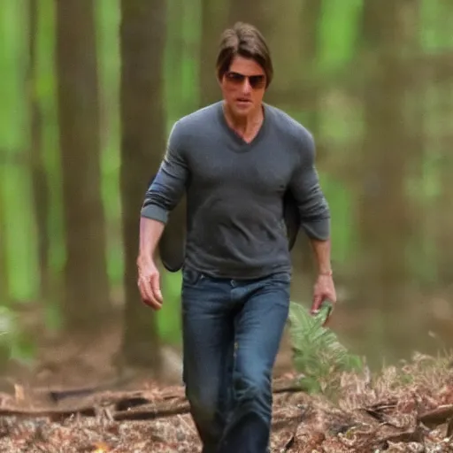 Prompt: blurry photograph of tom cruise spotted in the forest, high definition